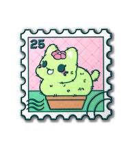 Load image into Gallery viewer, Smiling Cactus Meowchi Postage Stamp Kofi Pin Club Enamel Pin
