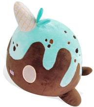 Load image into Gallery viewer, Brown and mint colored narwhal plush with ice cream details and spotted detail on back.
